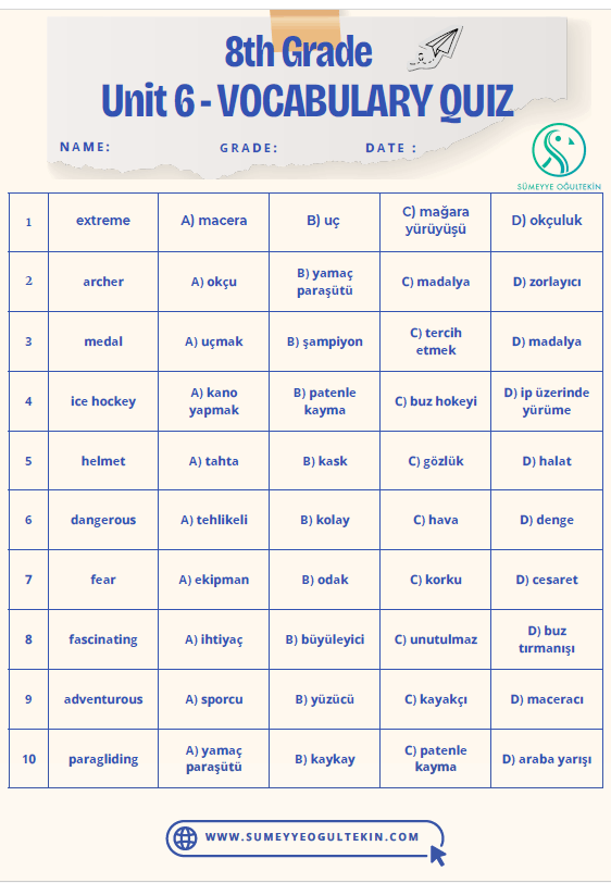 8.6 Adventures VOCABULARY QUIZ (20 Kelime)